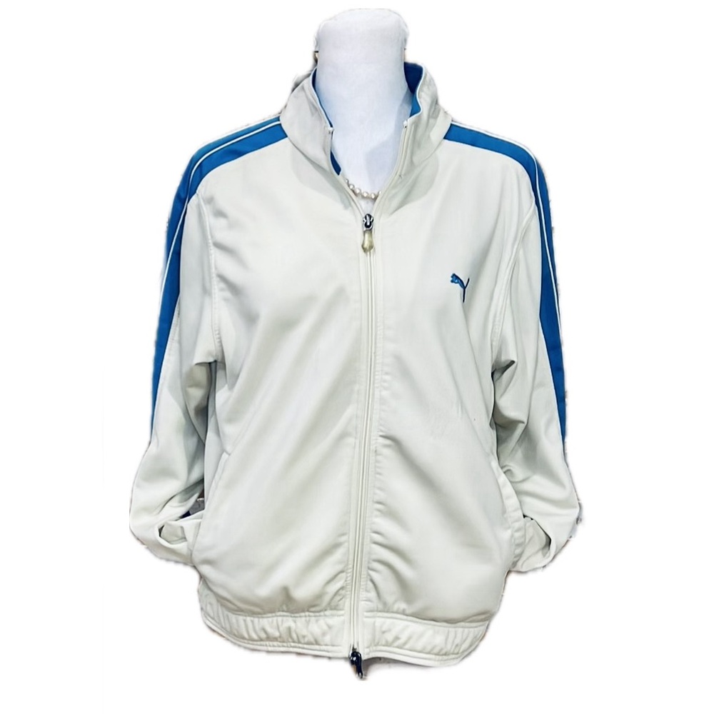 Puma Vintage White Track Jacket with Blue Trim Detail, Women’s Size Large.